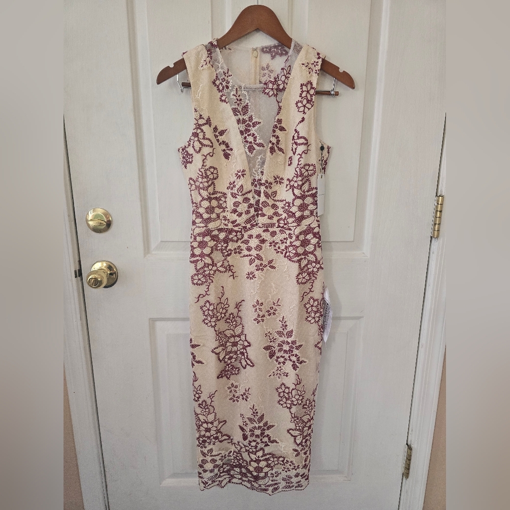 Dress the Population Anika Embroidered Cranberry Multi Midi Dress S